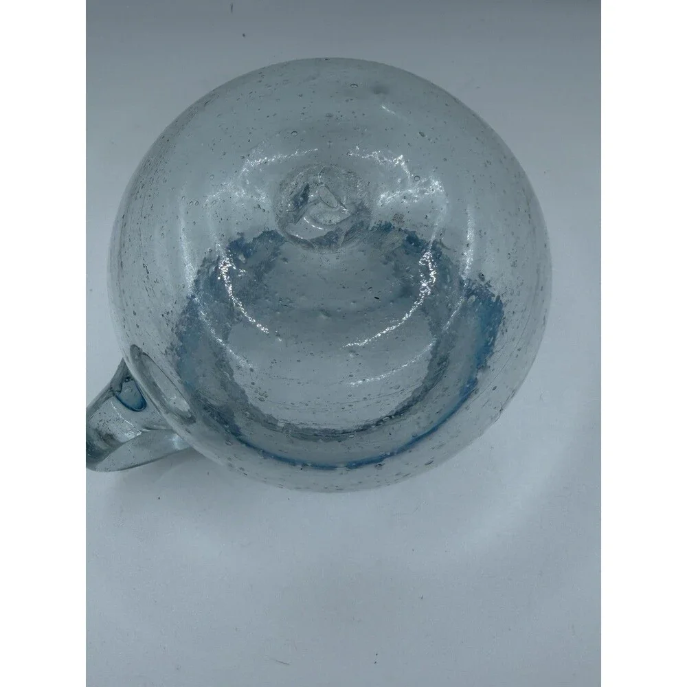 Hand Blown Art Glass Creamer Pitcher Blue Rim Bubble Glass Pontil 4.5”